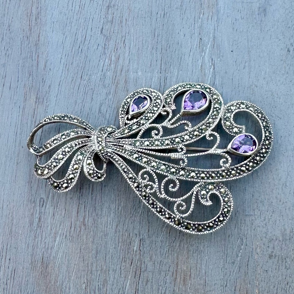 Vintage Sterling Silver & Amethyst Brooch - Picture 3 of 12